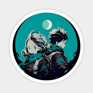 A couple of people sitting next to each other, anime art Magnet